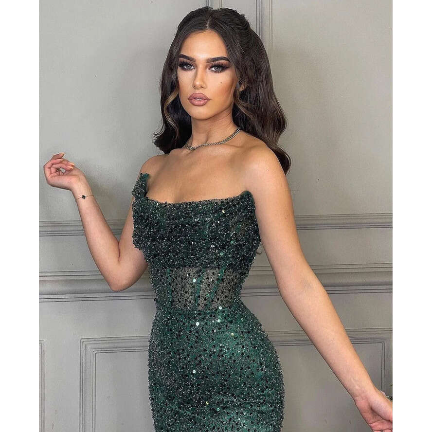 Dark Green Mermaid Evening Elegant Black Girl Illusion Strapless Pearls Sequins Glitter Prom Dress Long Dresses For Special Ocns 0515