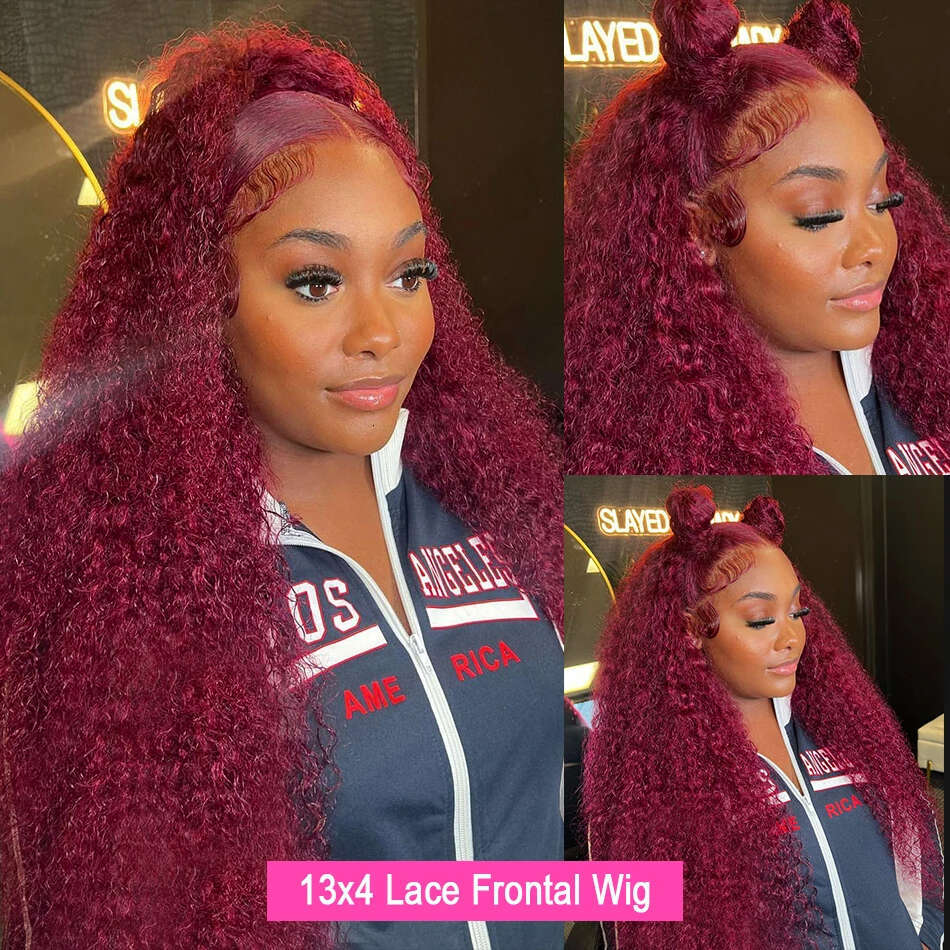 Burgudny Red Kinky Curly Human Hair Wigs Deep Wave x HD Lace Frontal J Front Wig For Women