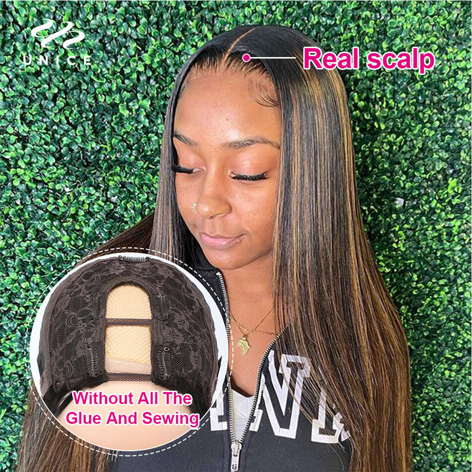 Unice Highlight Straight U Part Wig FB Color Human Hair Wigs Brazilian Mini Leave Out Easy Blend