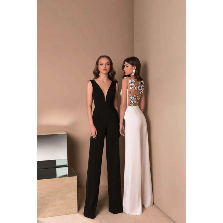 Elegant V-Neck Sleeveless Satin Applique A-E Evening Prom Pant Suits Or Length Party Dress 0508