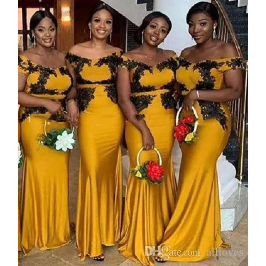Plus Yellow Size Mermaid Bridesmaid Dresses Off Shoulder Lace Appliques Or Length Maid Of Honor Wedding Guest Formal Dress Robe