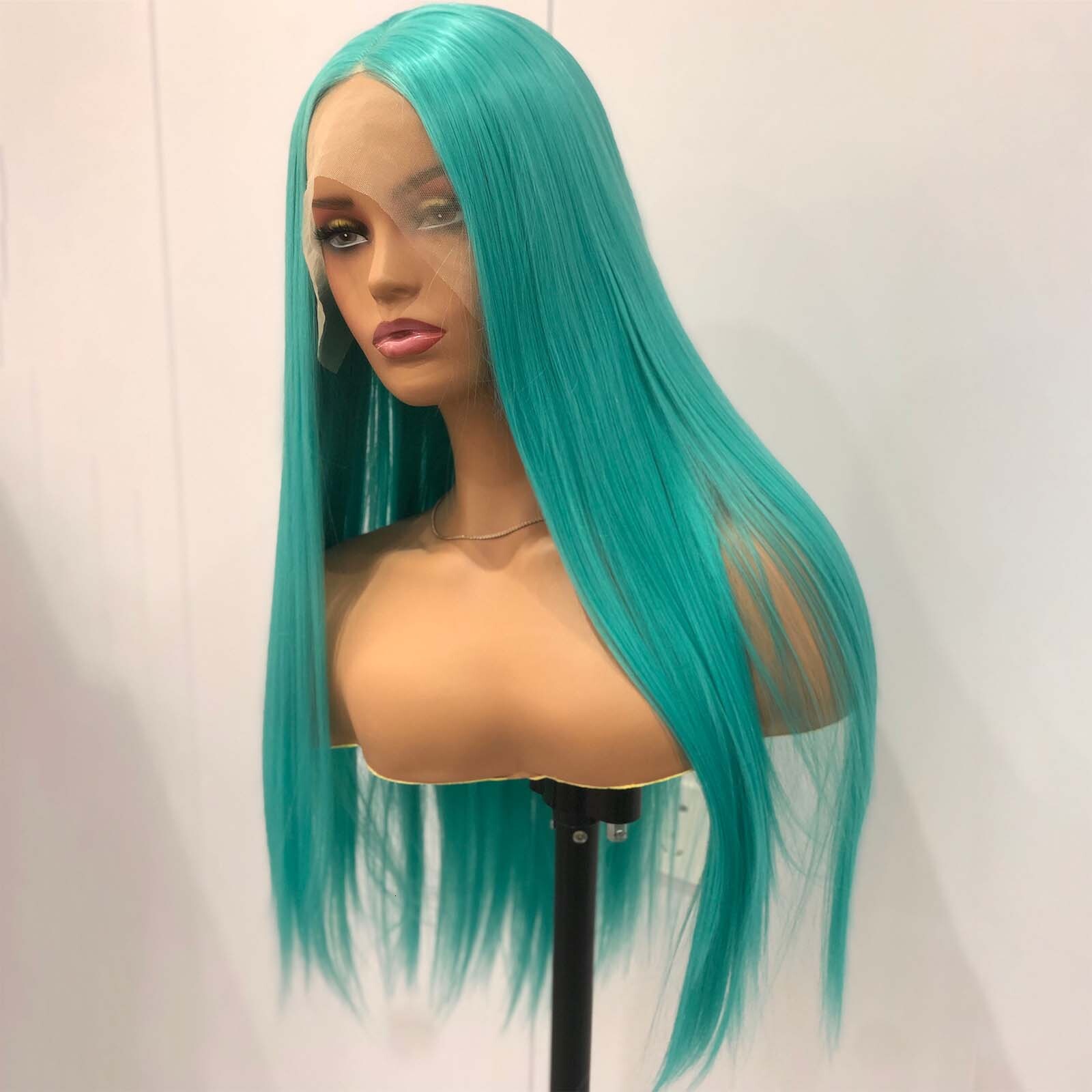 Long Silky Straight Synthetic Lace Front Wig Green Colored Lake Blue Hair Natural 13X4 Frontal Wigs for Women Party Cosplay