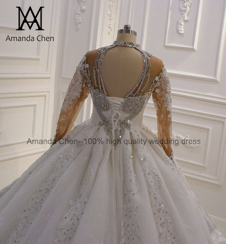 East Middle Royal High Neck Long Sleeves Rhie Shiny Wedding Dress