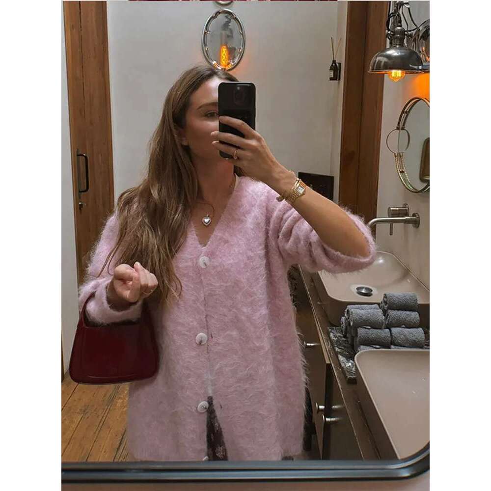 Solid Mohair Knit Cardigan Women Chic V Neck Single Breasted Long Sleeve Loose Sweater 2024 Autumn Female Casual Commuting Tops