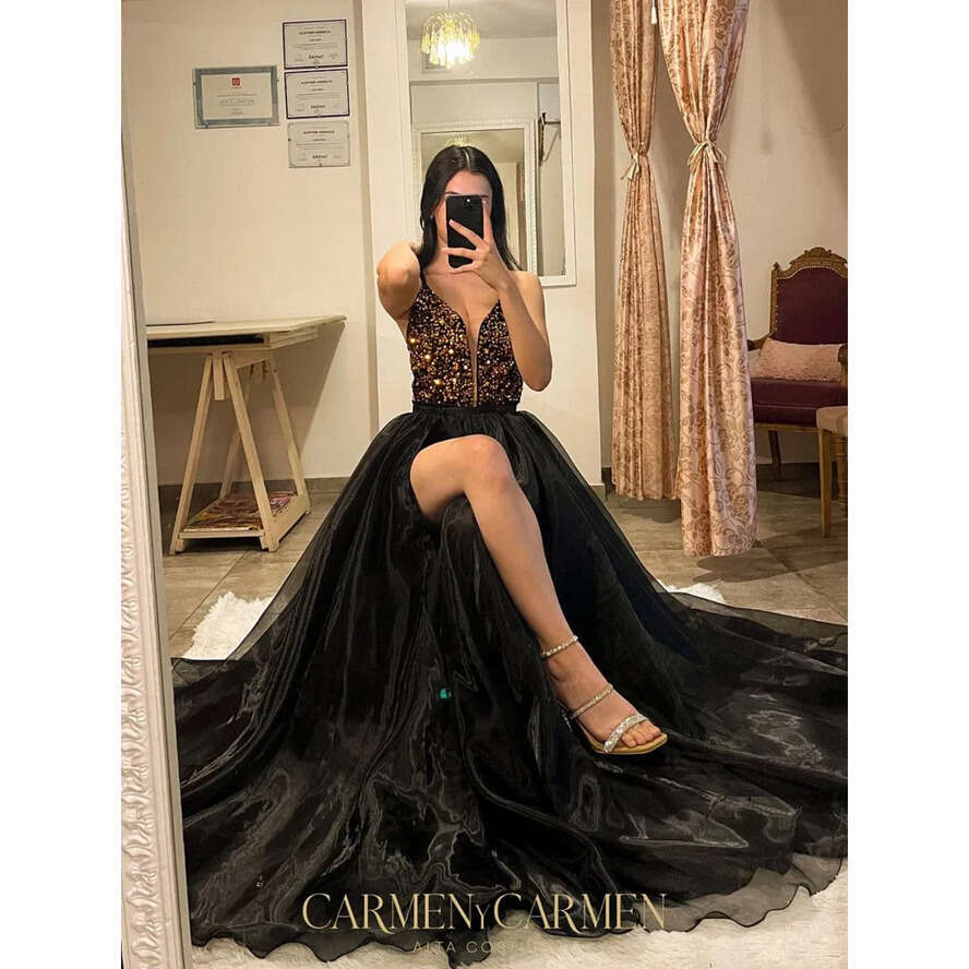 Black Sexy Prom Dress A E Split Illusion V Neck Evening Elegant Glitter Gold Sequins Top Party Dresses For Special Ocns Promdress