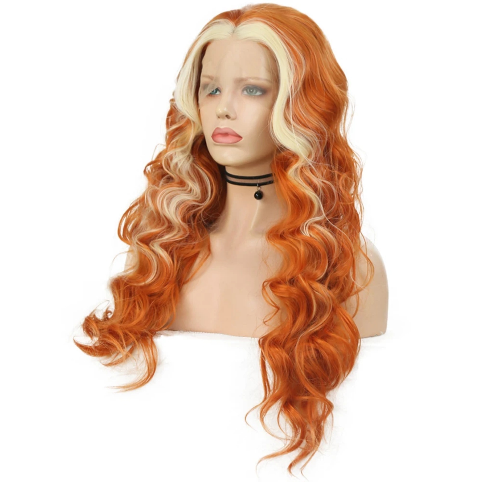 Ginger with Blonde Highlights Synthetic Lace Front Wig Loose Deep Long Curly Wavy Hair 13X4 Frontal Wigs for Women Party