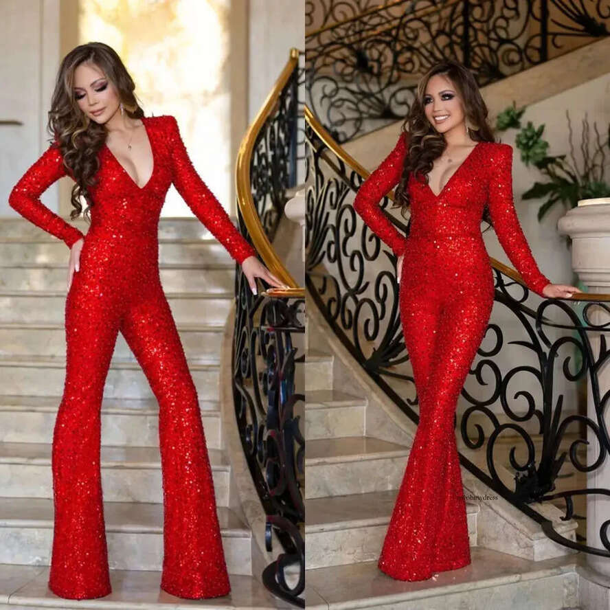 Modern Red Jumpsuits Prom Deep V Neck Long Sleeves Illusion Formal Evening Dresses Elegant Sequins Women Special Ocn Dress 0515
