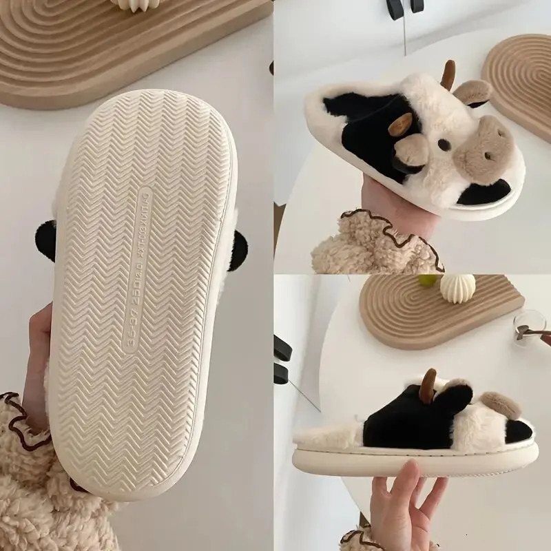 Womens Cartoon Cute Cow House Slippers Warm Plus Lined Closed Toe Fuzzy Home Slides Womens Fluffy Comfy Shoes Winter Autumn 241025