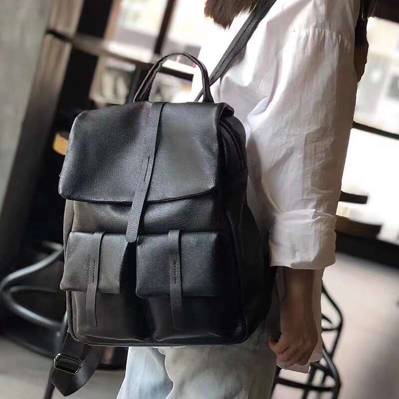 New Natural Cowhide 100% Genuine Leather Men And Women Soft Vintage Casual Travel Camping Teenager Backpac Black