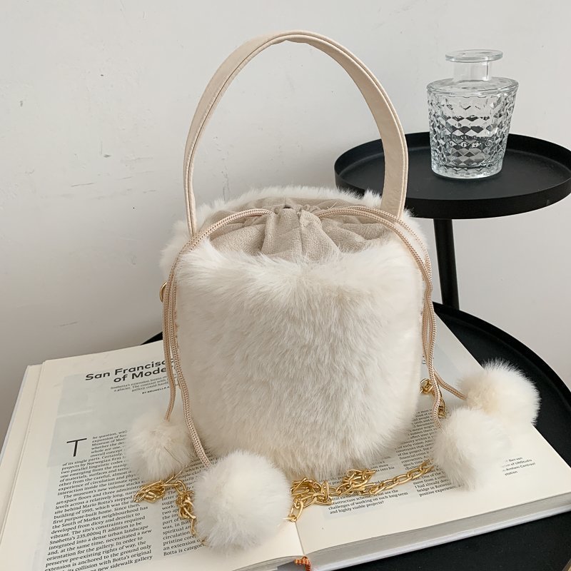 DHXJ Plush style drawstring anti-theft wool ball one shoulder crossbody handbag fashionable womens bucket bag 240820