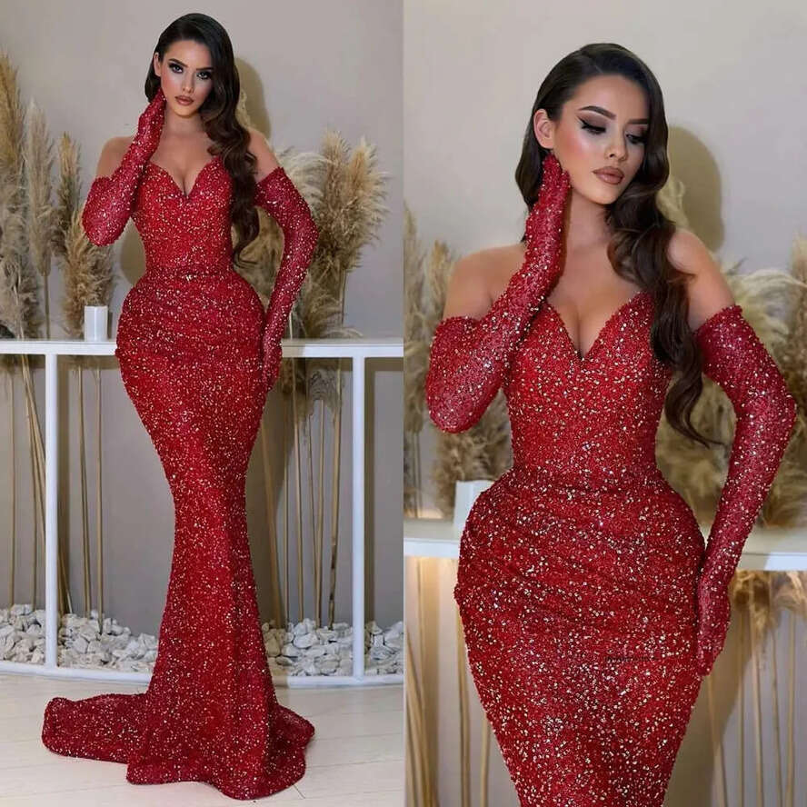 Mermaid Evening Gown Sweetheart Sequins Party Prom Dresses Sleeves Sweep Train Formal Long Dress For Red Carpet Special Ocn 0515