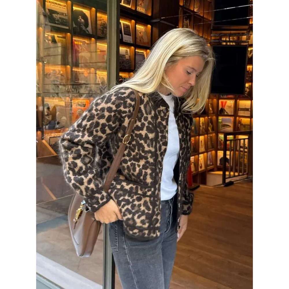 Leopard Print Mohair Women Knit Cardigan Fashion O Neck Single Breasted Full Sleeve Sweater New Autumn Commute High Streetwear