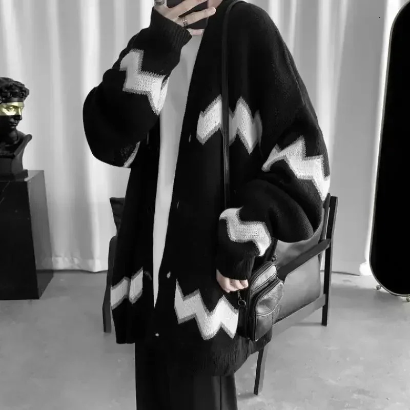 Man Clothes Black Long Knitted Sweaters for Men Striped Cardigan Korean Fashion Overfit Jumpers Thick Winter Japanese Harajuku S 241024