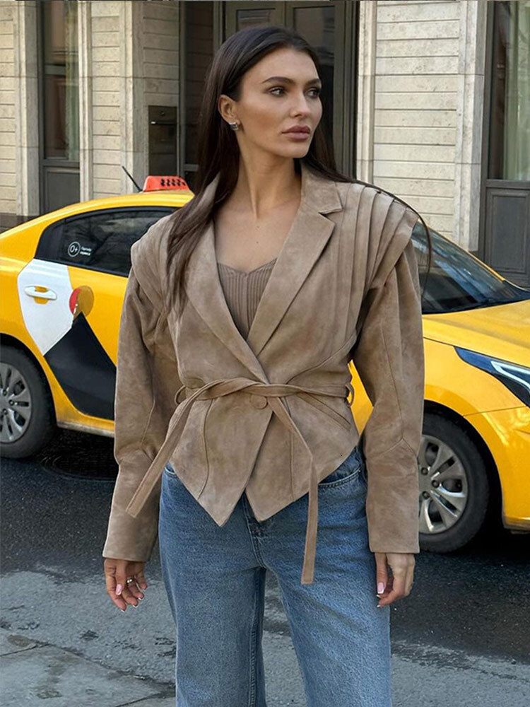 Fashion Women Suede Short Leather Jacket With Belt Pleated Shoulder Long Sleeve Lapel Button Cropped Coat Lady Street Outerwear