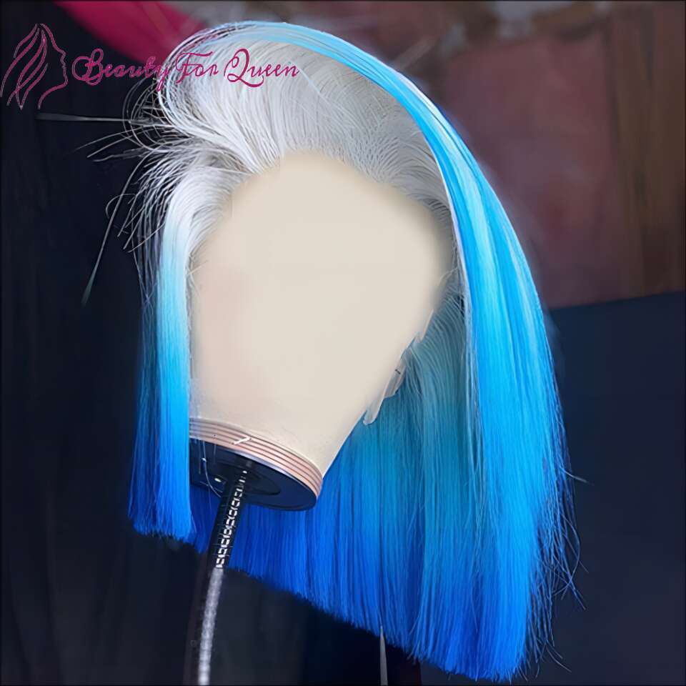 Blue Short Bob Wig Lace Front Human Hair Wigs Straight Colored Transparent For Women