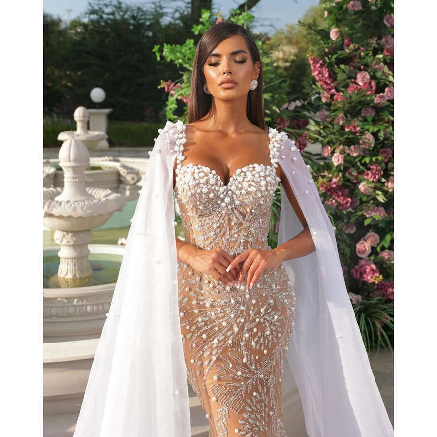 Mrmaid Prom Drsss Slss V Nck Straps Caps Appliqus Squins Badd Or Lngth Lac-Up 3D Lac Parls Evning Drss Plus Siz Bridal Gowns Custom 0431