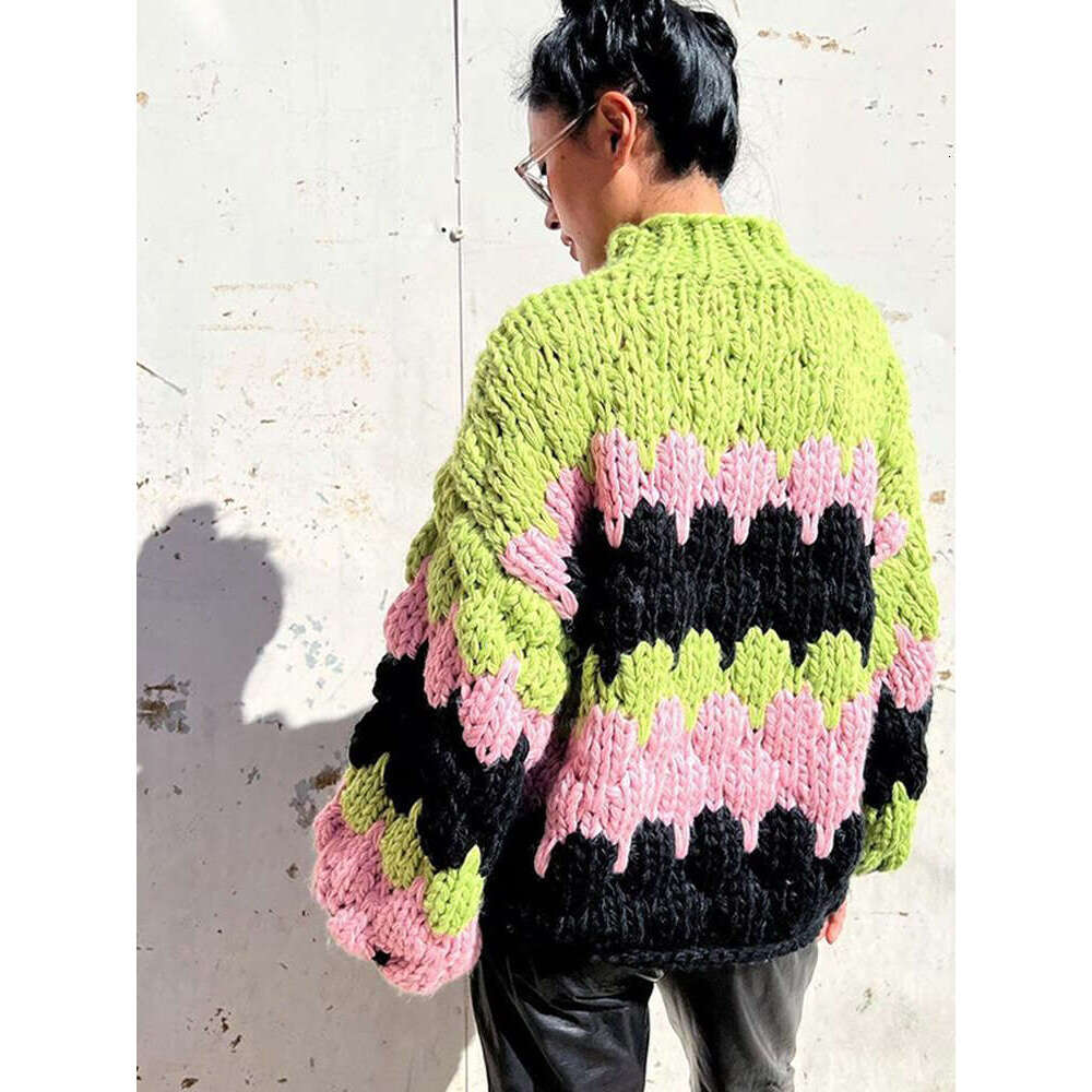 Chic Contrasting Knitted Sweaters Women Fashion O Neck Long Lantern Sleeves Loose Jumpers Autumn Warm Lady Commuting Pullovers