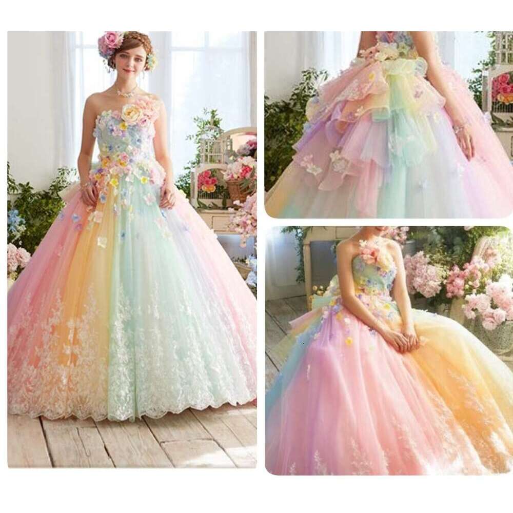 Pretty Colorful Rainbow Tutu Quinceanera Dresses 3D Wer Lace Puffy Ball Vestido Formatura Abiye Ruffles Evening Gowns Bc19690 0212D