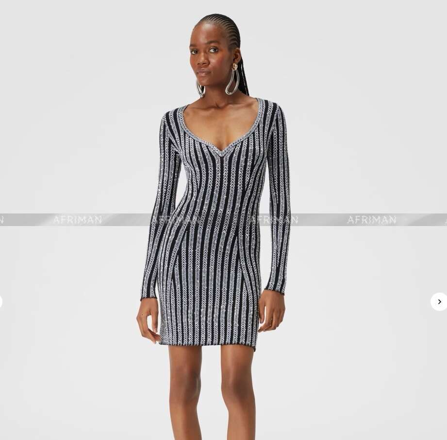Women Slim Slimming Vertical Striped V-Neck Long Sleeved Knitted Dress