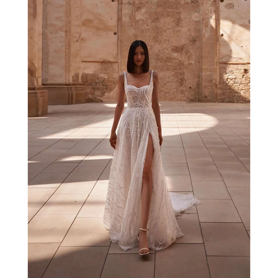 Milla Nova A E Dress Straps Pearls Country Boho Wedding Dresses Beading Backless Ruffle Vestidos De Novia Split Designer Bridal Gowns 0515