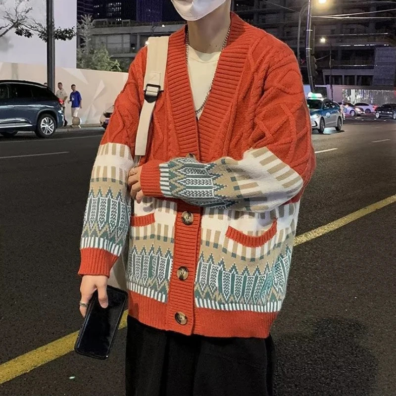 Colorful Cardigan Men Fashion British Style Traditional Allmatch Comfortable Baggy Twisted Knitwear Chic Advanced Long Sleeve 241024