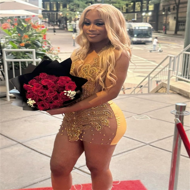 Absolutely Gold Prom Dresses With Beaded Crystal Black Girl African Cocktail Dresses Women Evening Birthday Homecoming Dress Graudtaion Vestio De Gala