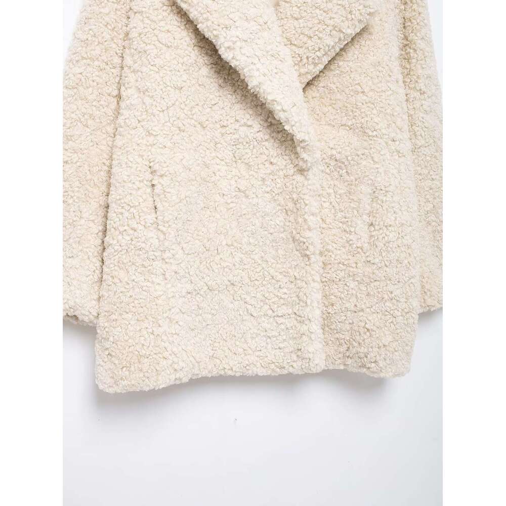 TRAFZA Women Fashion Lapel Solid Mid-Long With Ed New 2024 Fall Winter Elegant High Street Fleece Coat