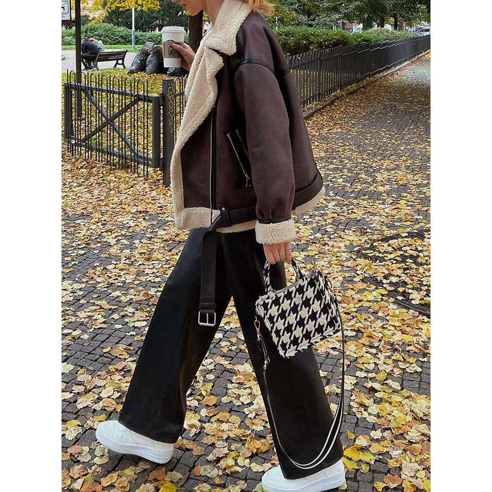 Women PU Leather Coat Faux Lamb Lapel Collar Fleece Ing Long Sleeve Zipper Jacket Outwear With Pockets