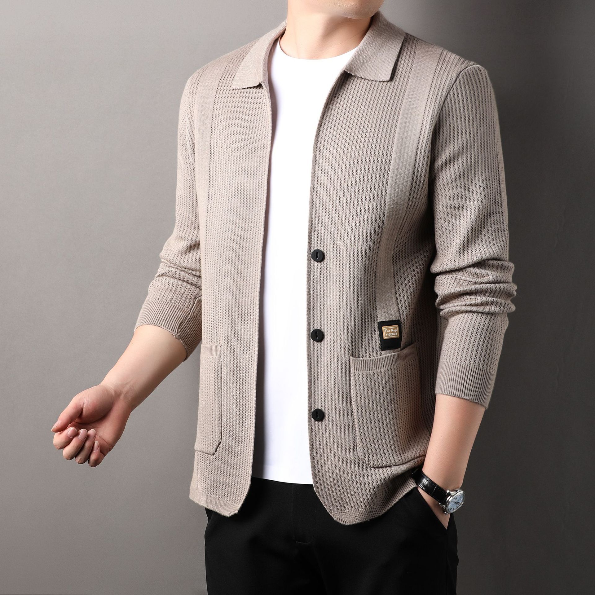 2024 new designer cardigan men's mid neck casual thin long sleeved Korean version slim knit jacket