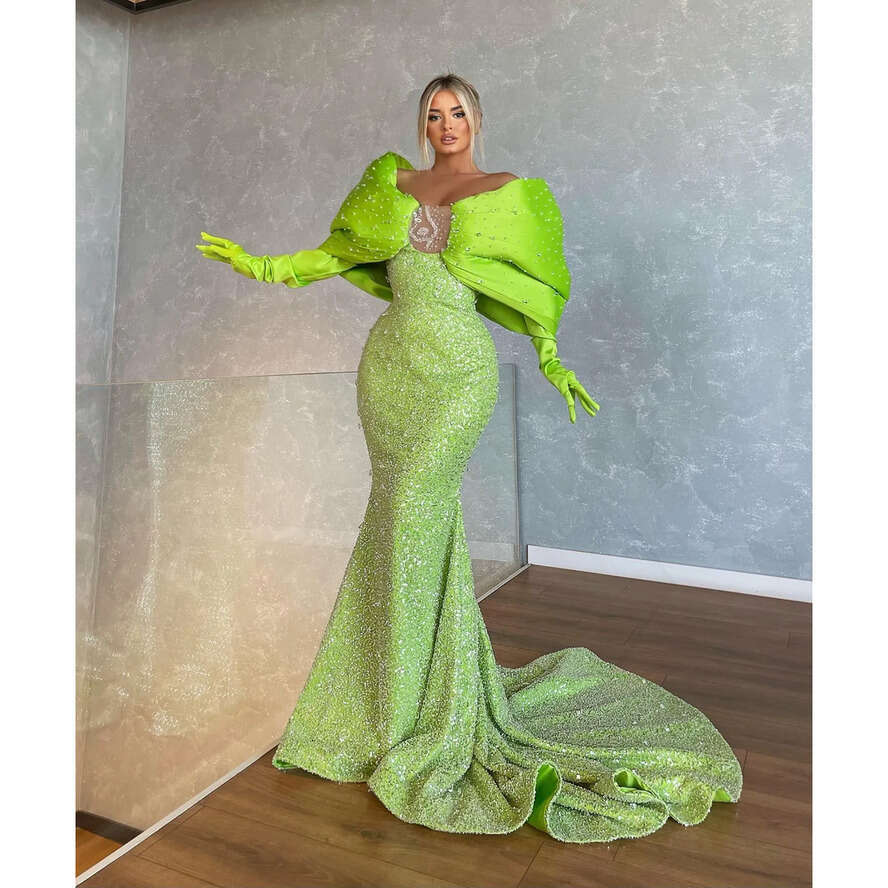 Elegant Green Mermaid Evening Off Shoulder Beads Sequins Formal Party Prom Dress Sweep Train Red Carpet Long Dresses For Special Ocn 0515