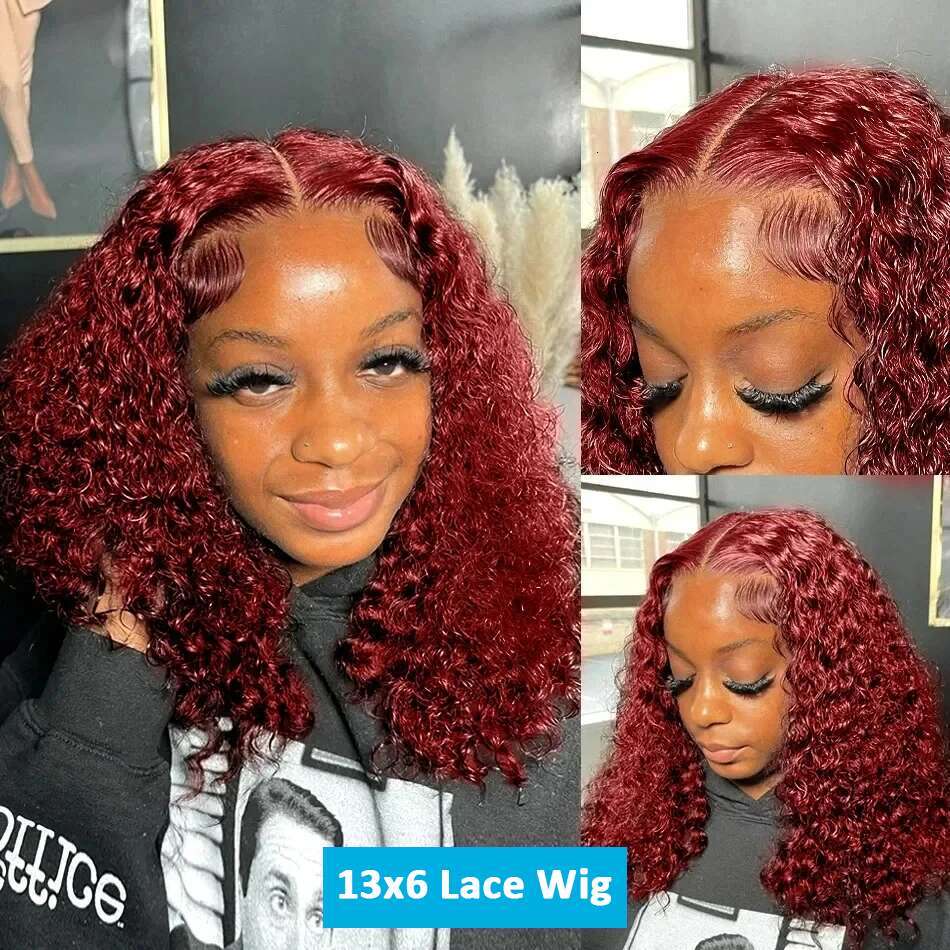 J Burgundy Lace Front Wig Short Bob Hair Human x Deep Wave Frontal Red Colored Curly Wigs