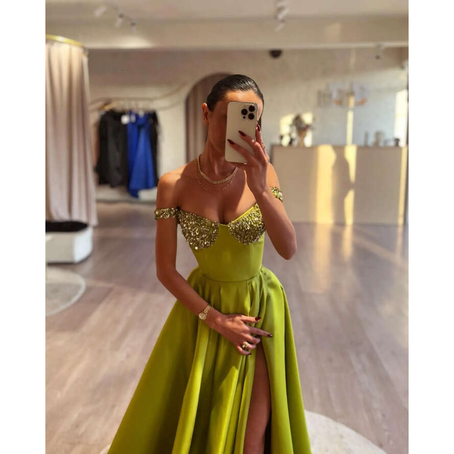Elegant Green Prom Dresses A E Sequins Straps Evening Pleats Split Formal Long Special Ocn Party Dress 0515