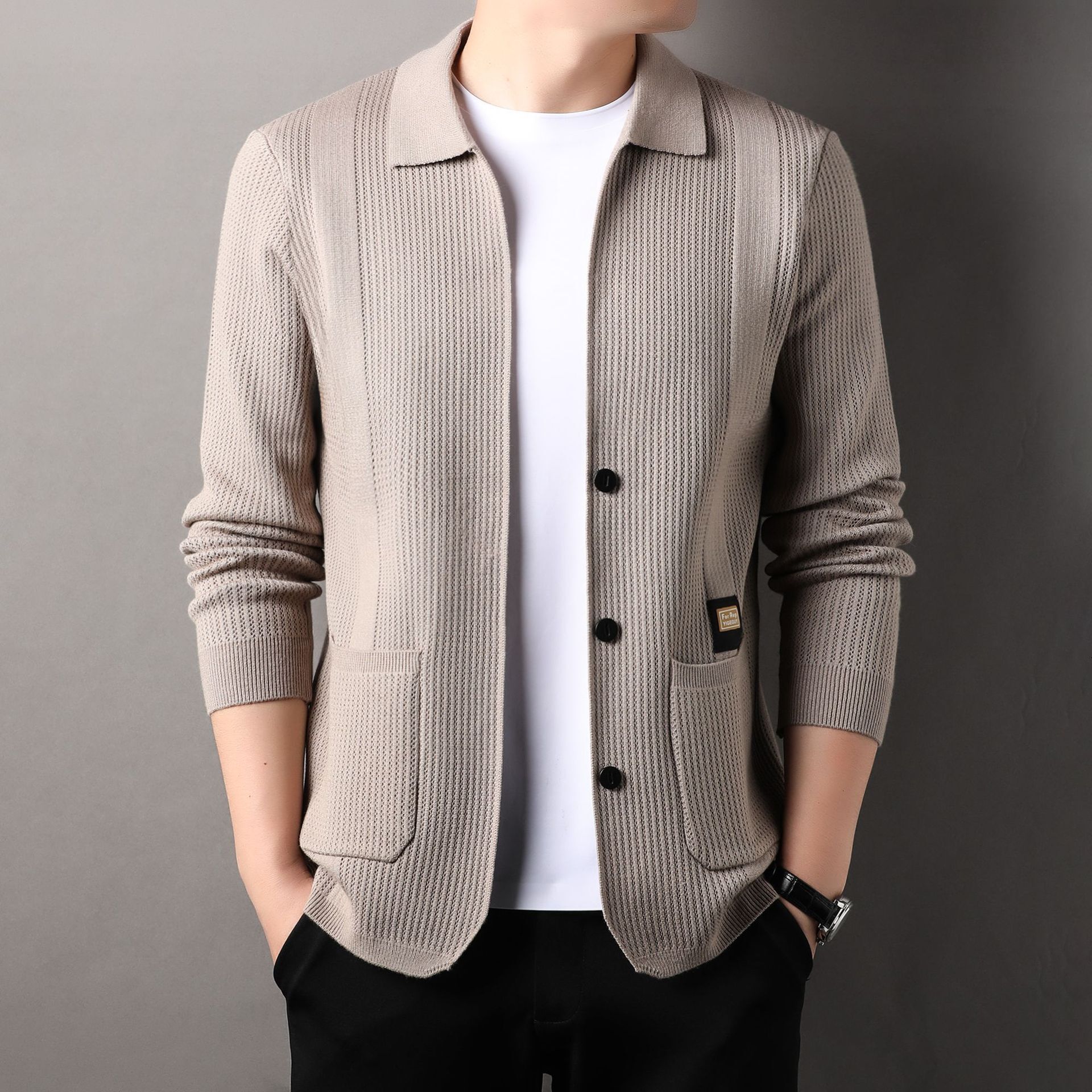 2024 new designer cardigan men's mid neck casual thin long sleeved Korean version slim knit jacket