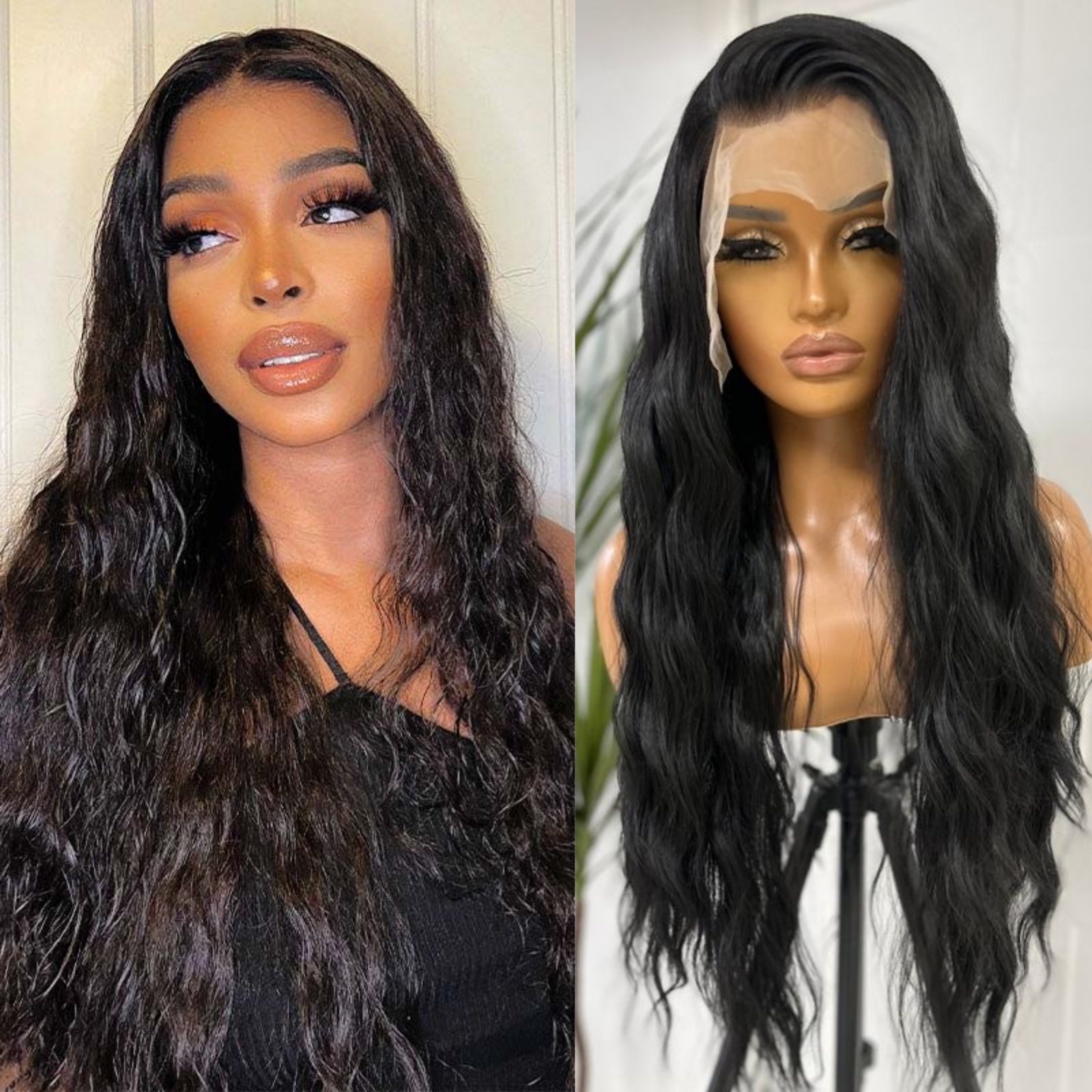 Black Long Beach Wavy Synthetic Front Wig Glueless Frontal 1B Colored Curly Hair Lace Natural Wigs for Women Party