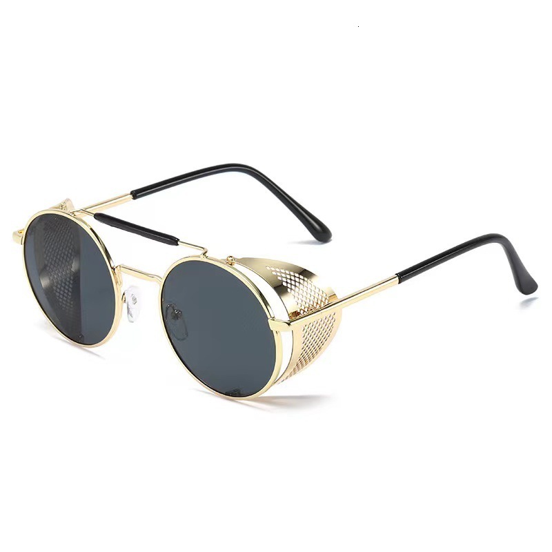 Fashion design men and women New Metal Steampunk Round Frame Glasses Personalized Mesh Flip Windproof Sunglasses