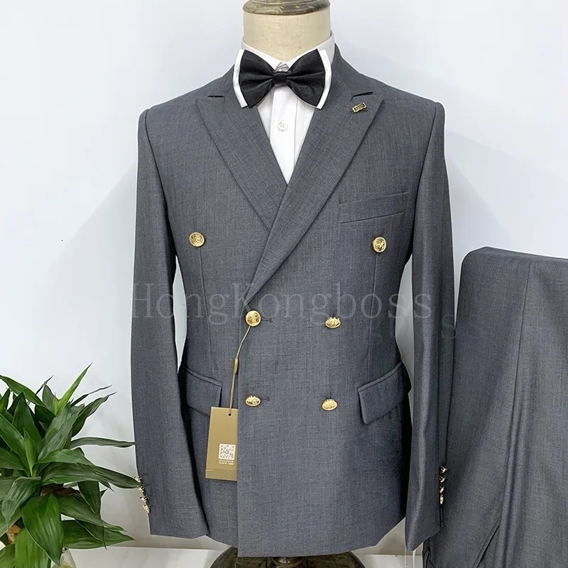 2 Pcs Suit Set Blazers Jacket Pants Fashion Men Casual Business Pure Color Double Breasted Groom Wedding Formal y241025