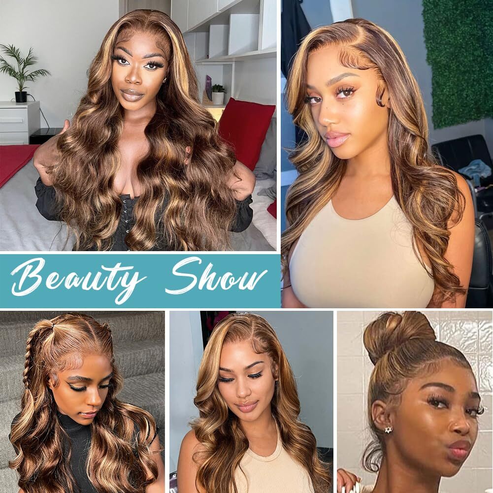 FABA 32 Inch 4/27 Highlight Body Wave Wigs 360 HD Full Lace Wig Human Pre Plucked with Baby Hair For Women 180% Density