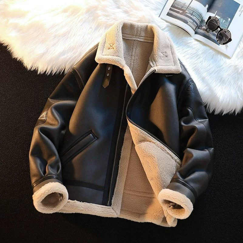 2024 New Designer Men's Winter Plush Thick Motorcycle Set Fashion Brand Deer Cotton Jacket Lamb Leather Jacket Leather Integration