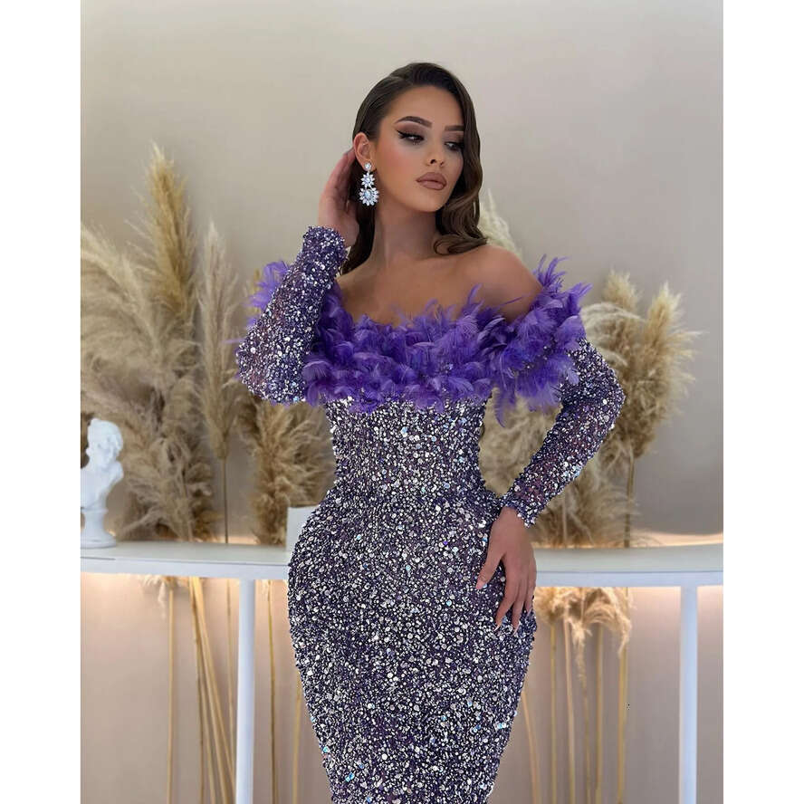 Purple Mermaid Evening Gown Feathers Off Shoulder Sequins Party Prom Dresses Sleeves Sweep Train Formal Long Dress For Red Carpet Special Ocn 0515