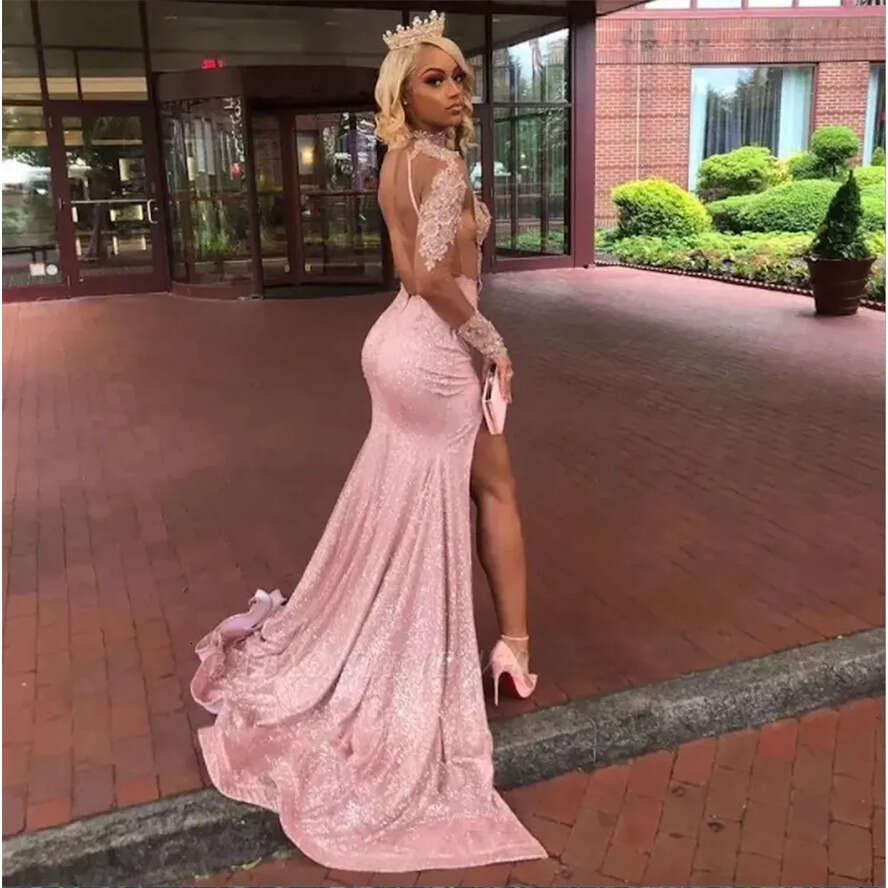 Long Sleeves High Neck Mermaid Prom Dresses 2023 Pink Black Girls Lace Applique Split Backless Sweep Train Evening Gowns 0509