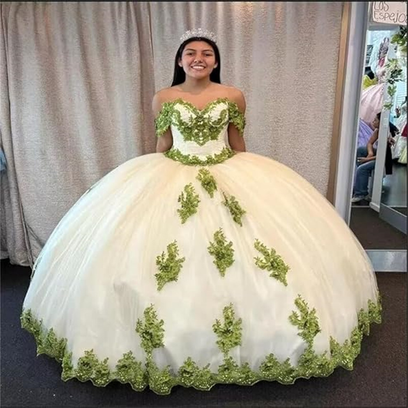 Elegant White Quinceanera Dresses Featuring Green Lace Appliques 3D Florals Puffy Ball Gown Princess Vestio De 15 Anos Charro Fifteen Birthday Dress F