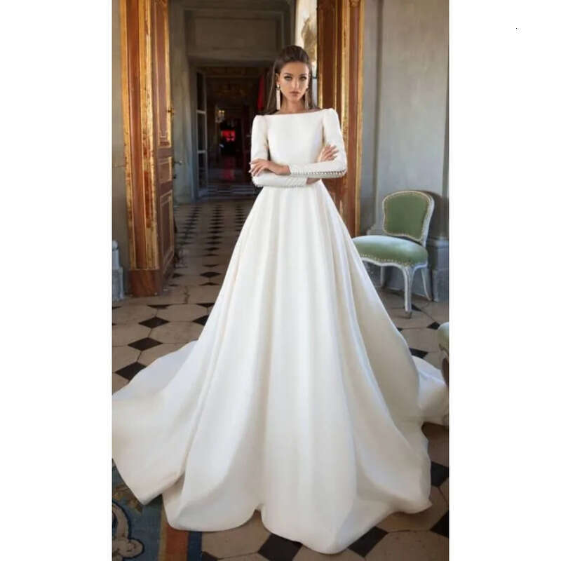 Newest Simple Dresses Boat Neck Long Sleeves Backless Ruffles Satin Wedding Gowns Vintage Bridal Dress