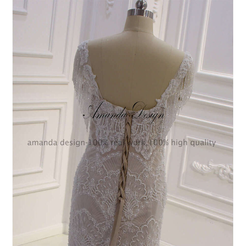 Amanda Design vestidos de novia Cap Sleeve Lace Appliques Tiered Mermaid Wedding Dress
