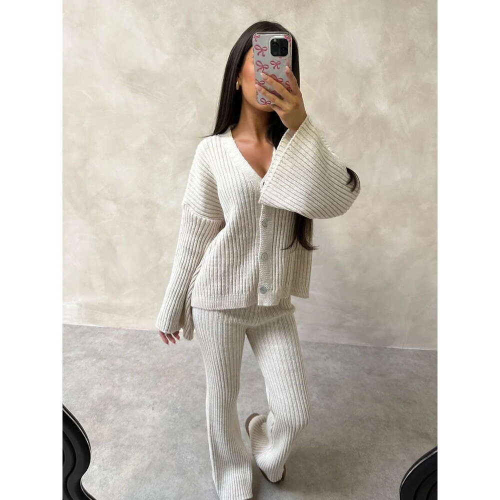 Elegant Bury Single Breasted V-Neck Loose Cardigan Suit Women Fashion Flared Knitted Long Pants Set 2024 Lady Daily Knitwear