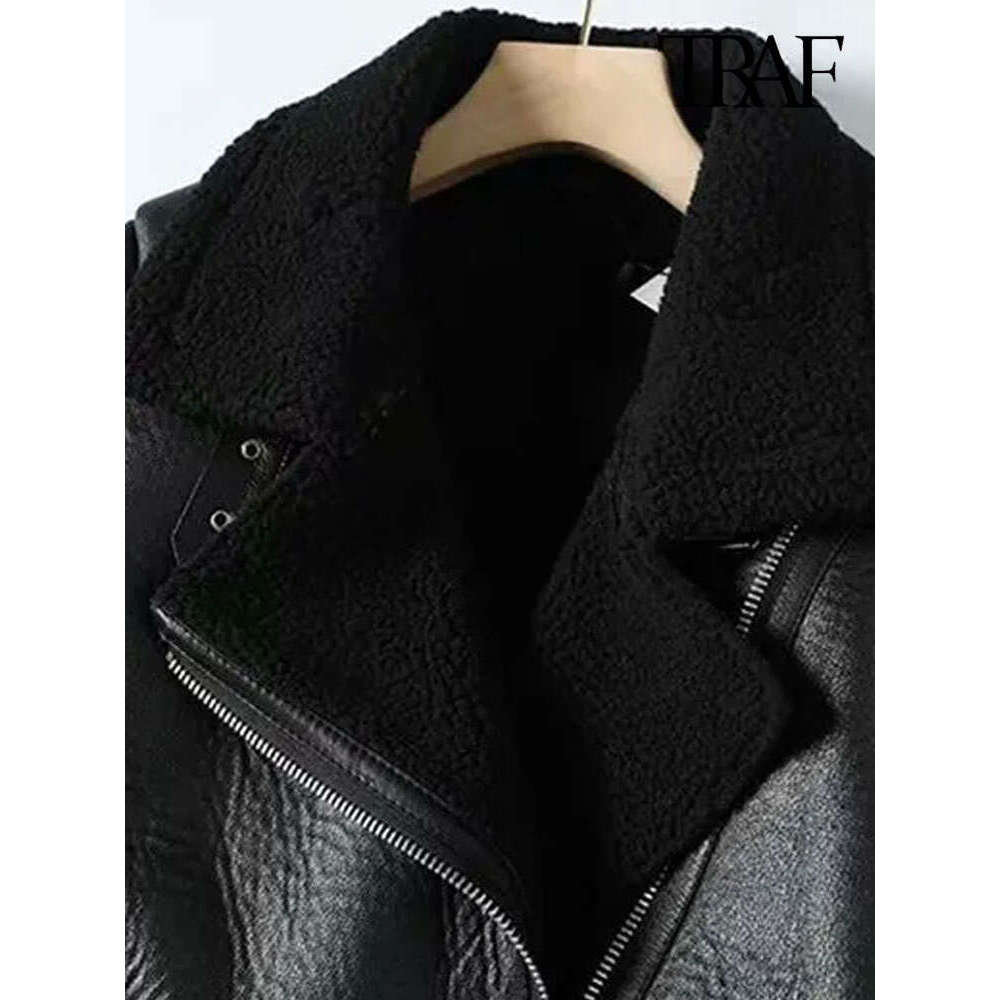 Traf-Women's Thick Warm Winter Fur Faux Leather Oversized Jacket, Long Sleeve Coat, Female Outerwear, Chic Tops, Fashion