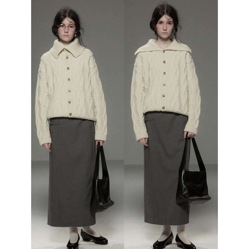 Lapel Twist 100%Cashmere Cardigan POLO Neck Loose Sweater Women's Coat Thick Knit Winter