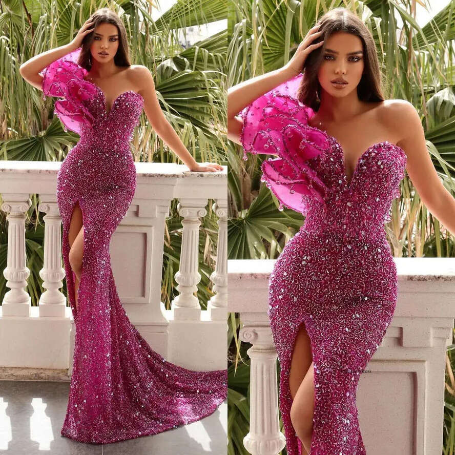 Rosy Pink Sequins Mermaid Evening Dresses Sweetheart Ruffle Shoulder Party Prom Split Formal Long Red Carpet Dress For Special Ocn 0515