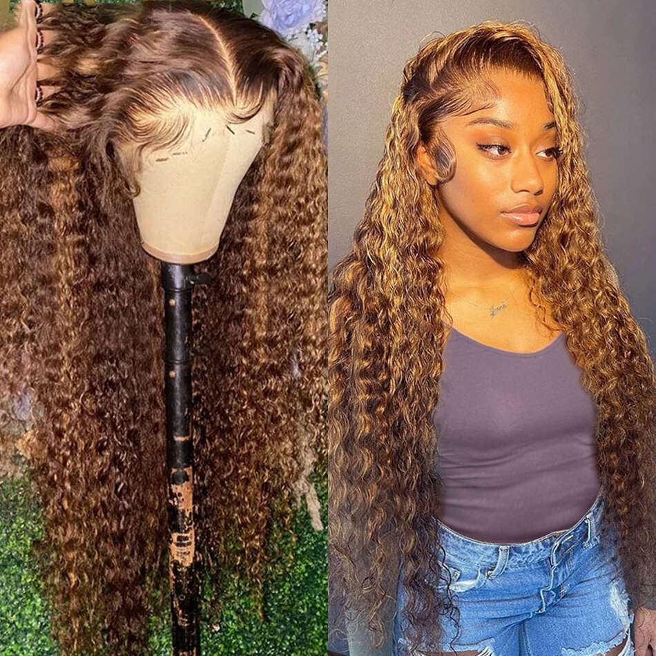 Highlight Colored Wig Human Hair Kinky Curly x Lace Frontal Wigs Deep Water Wave Honey Blonde Front