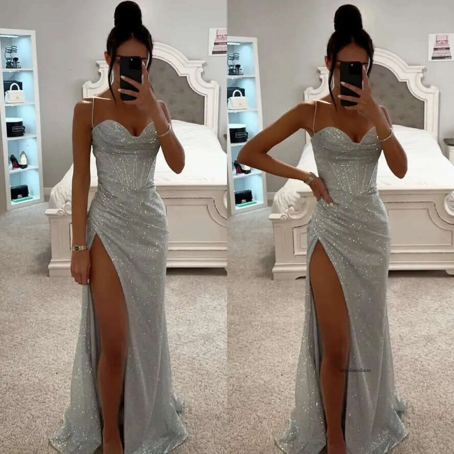 Fashion Sier Prom Dresses Spaghetti Evening Gowns Thigh Slit Pleats Sheath Formal Red Carpet Long Special Ocn Party Dress 0515