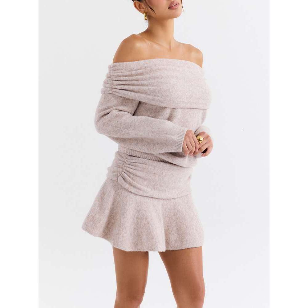 2024 New Classic One Shoulder Slim Fit Cashmere Sweater Sets Fashion Solid Pleat High Waist Mini Skirt Suit Lady Chic Streetwear